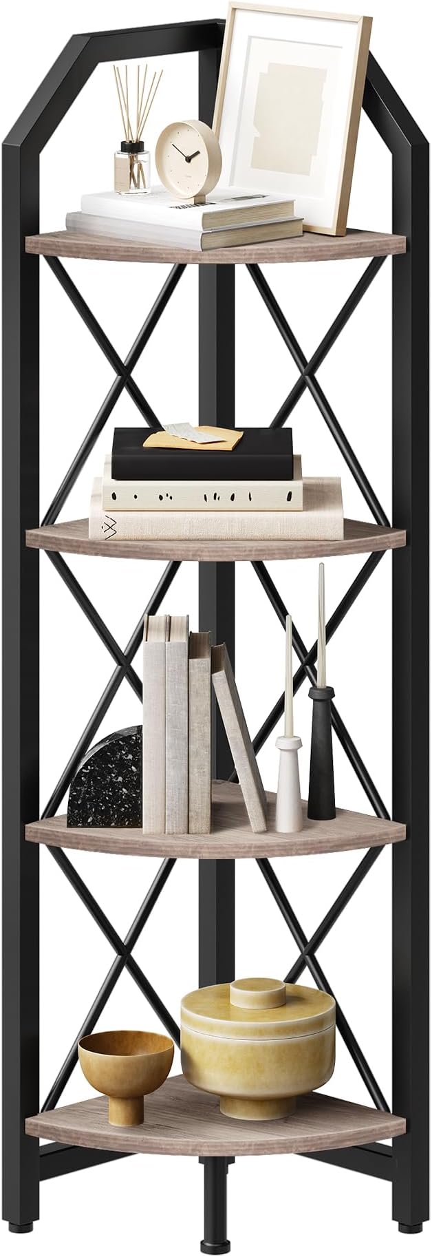 4-Tier Corner Shelf, Industrial Corner Bookshelf, 47.6" Corner Storage Stand, Plant Stand Display Shelf, Corner Bookcase for Bedroom, Living Room, Home Office, Greige and Black TCJ09BG