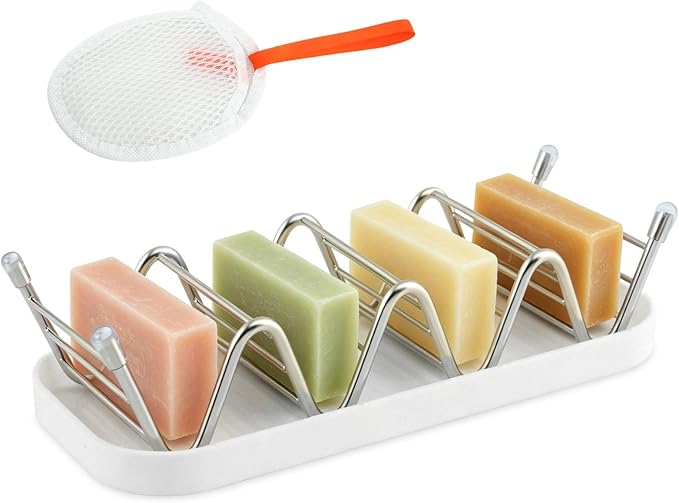 Wavy Soap Holder for Shower, 304 Stainless Steel Shampoo Bar Holder with Drainage Tray & Foaming Net for Shampoo Bar, Conditioner Bar, Kitchen Sink Countertop (3 Compartment Soap)