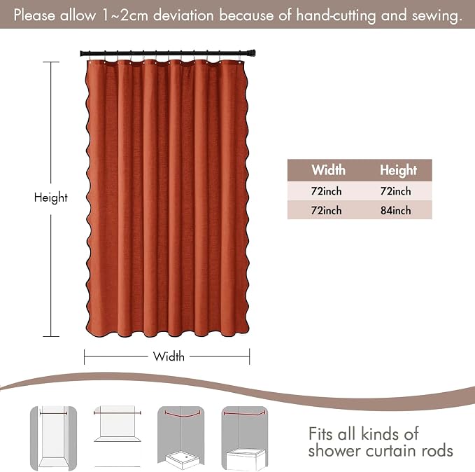 MIULEE Burnt Orange Scalloped Linen Shower Curtain 72W x 72L | 12 metal hooks, Linen scalloped, waterproof washable, thick heavy cloth, black border, boho farmhouse, bathroom hotel use