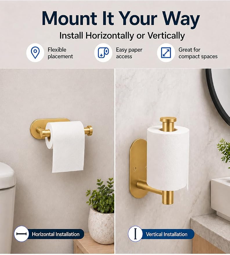 2Pcs Gold Toilet Paper Holder Wall Mount for Bathroom, Heavy-Duty Screw-in Rv Toilet Roll Holder, SUS304 Rustproof Stainless Steel Rust Proof, Suitable for Kitchen Washroom Thicken Morden Matte Black