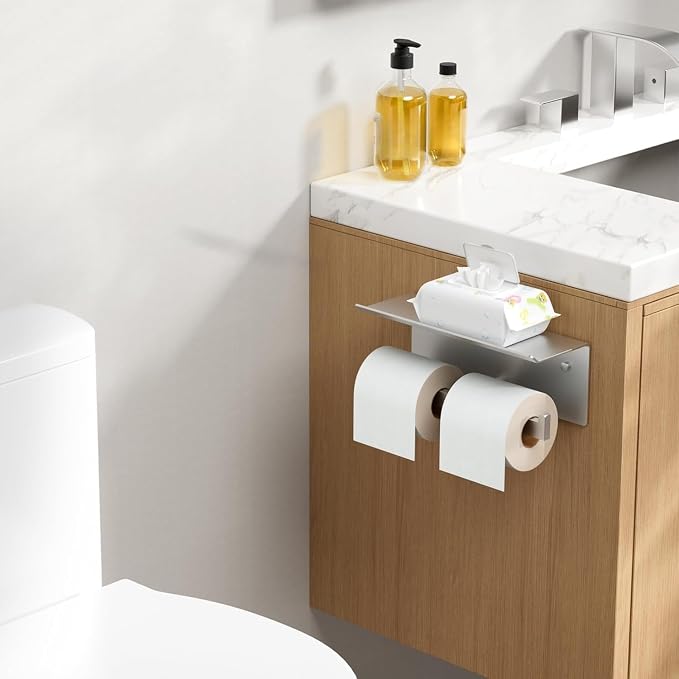 FORIOUS Toilet Paper Holder with Shelf, Commercial Toilet Paper Dispenser | Brushed Nickel 2 Pack | SUS304 Stainless Steel Wall Mount Double Bathroom Tissue Roll Holder for Hotel, Apartments, etc