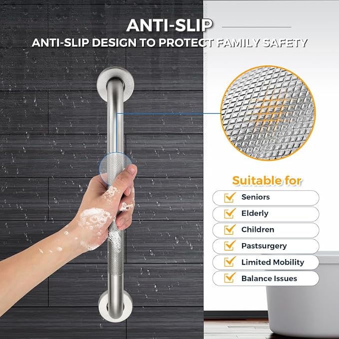 Grab Bars for Shower, 12 Inch Shower Handle, 2 Pack, Brushed Nickel | Grab Bars for Bathroom, Stainless Steel, Anti-Slip Textured Grip, 1-Inch Diameter, Wall-Mounted Safety Support for Seniors