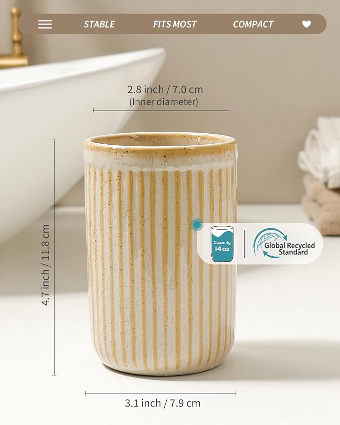 BosilunLife Ceramic Toothbrush Holder - 12oz Bathroom Toothbrush Holder Tooth Brush Holders Tumbler Cups Reusable Toothbrush Mouthwash Cup Small Toothbrush and Toothpaste Holder, Striped Greige