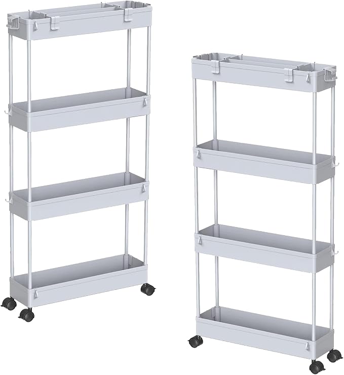 2-piece Set Slim Storage Cart 3 Tier,Bathroom Organizer Rolling Utility,Mobile Shelving Unit Slide Out for Office, Kitchen, Laundry Room & Narrow Places