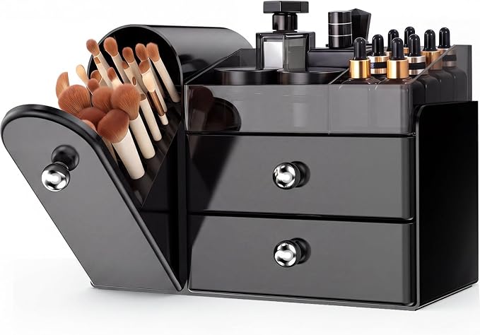 Makeup Organizer Countertop with Makeup Brush Holder,Black | Waterproof,Dustproof,Clear Drawer,Large Capacity,Storage Lipstick,Perfumes,Skincare for Vanity,Bathroom Countertop,Desk,Gift