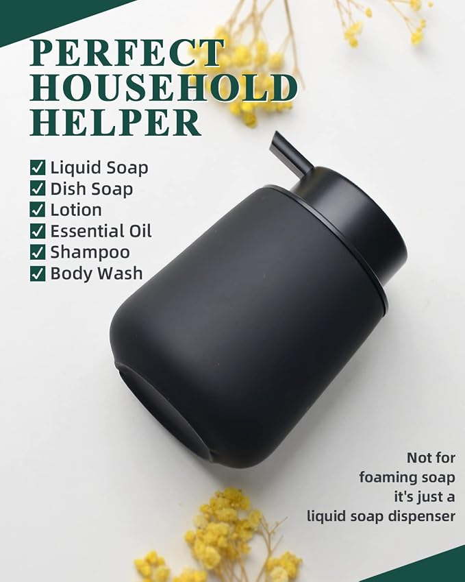BosilunLife Ceramic Soap Dispenser - Dish Soap Dispenser for Bathroom 12Oz | Refillable Liquid Hand Wash Dispenser for Essential Oil, Lotion Soap, Rubber Paint Black