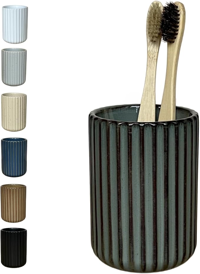 Stoneware Toothbrush Holder for Bathroom Tooth Brush Holder for Bathroom Toothbrush Cup Toothbrush Holders Cute Fluted Vertical Ribbed Stripe (Concrete Grey)