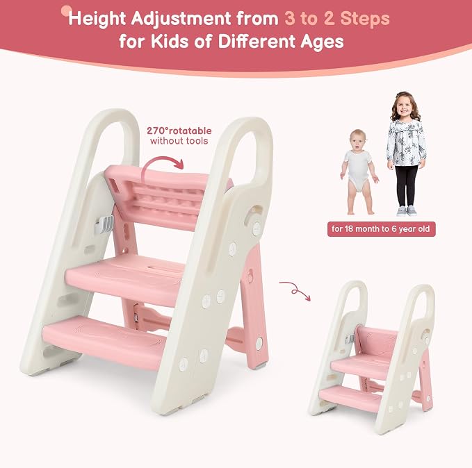 Foldable Toddler Step Stool for Bathroom Sink, Adjustable 3 Step Stool for Kids Toilet Potty Training Stool with Handles, Child Kitchen Counter Stool Helper, Plastic Ladder for Toddlers Pink