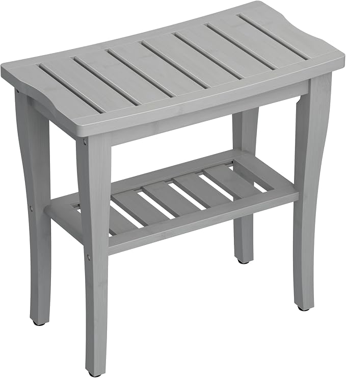 Bamboo Shower Bench Stool with Storage Shelf, Waterproof Shower Chair Spa Bath Seat, Shower Stool for Inside, Bathroom Bench Seat for Adults Elderly Seniors for Indoor or Outdoor Use(Gray)