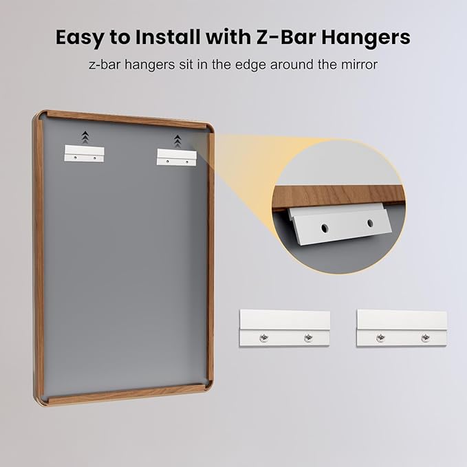 LOAAO 48X36 Inch Bathroom Mirror with Wood Grain Colored Metal Frame | Rounded Rectangle Metal Framed, Anti-Rust, Hangs Horizontally or Vertically, Tempered Glass