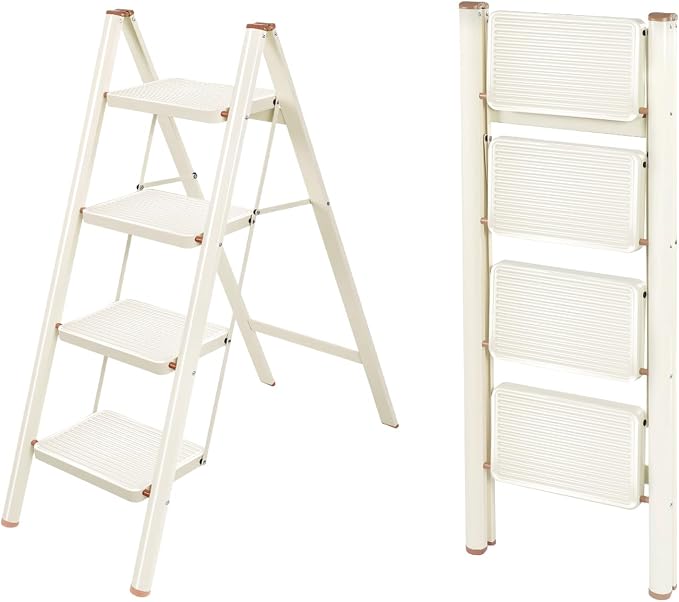 Valeo 4 Step Ladder,Lightweight Folding Step Stool with Wide Anti-Slip Pedal, 330LBS Capacity, Heavy Duty,Sturdy Iron Metal Step Stool for Home, Kitchen, Closet, Adults, Cream White