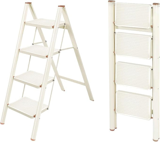 Valeo 4 Step Ladder,Lightweight Folding Step Stool with Wide Anti-Slip Pedal, 330LBS Capacity, Heavy Duty,Sturdy Iron Metal Step Stool for Home, Kitchen, Closet, Adults, Cream White