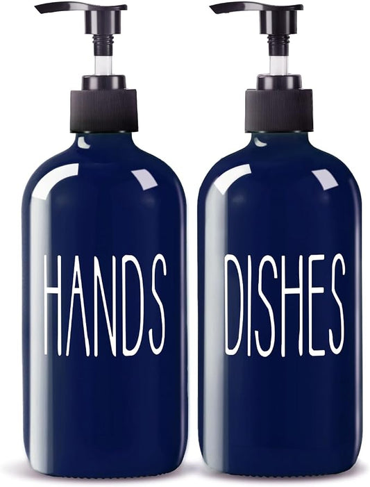 COHOSEGE Glass Soap Dispenser Set 2 Pack,16 Oz Dish Soap Dispenser for Kitchen Sink,Blue Kitchen Accessories and Kitchen Decor,Blue Decorations and Kitchen Utensils for Kitchen