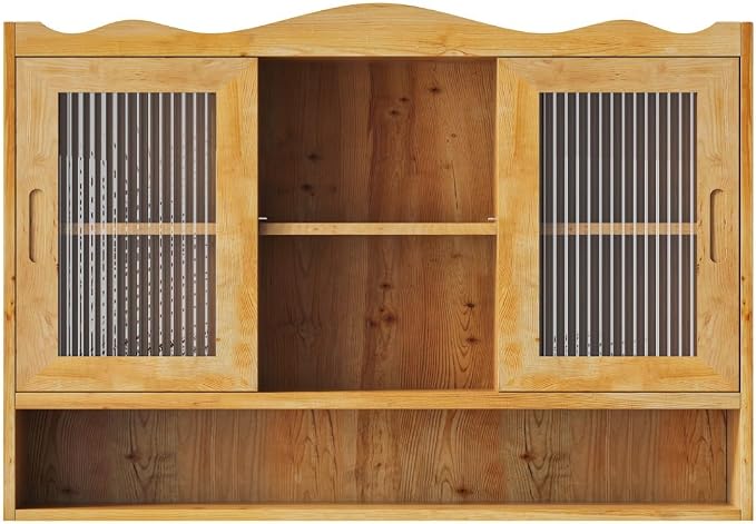 KEIKI 35.4" L Wall Mounted Kitchen Sideboard Cabinet with 2 Sliding Glass Door, 3 Layers Shelves, Retro Storage Buffet Medicine Cabinet for Bathroom, Dining Rooms, Entryway, Solid Wood, Natural