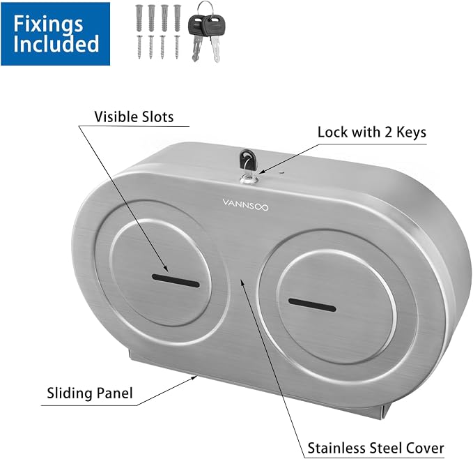 Twin Jumbo Toilet Paper Dispenser Wall Mount, 9" Commercial | Stainless Steel Double Roll Toilet Paper Holder, Industrial Large Tissue Dispenser with Lock, Brushed