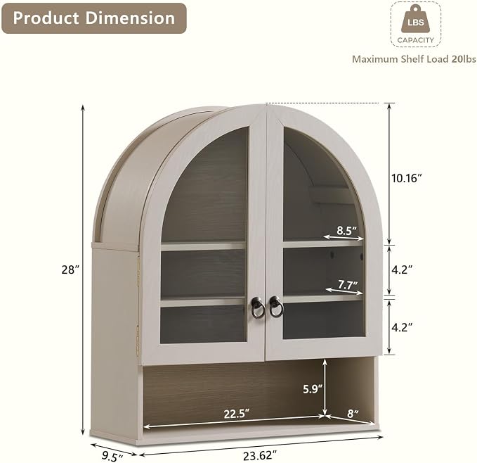 IFGET Bathroom Arched Wall Cabinet, 23.6'' Wide Medicine Cabinet with Adjustable Shelves & Acrylic Glass Doors, Over The Toilet Storage Wall Mount Cabinet for Laundry Room,Kitchen & Living Room, Cream