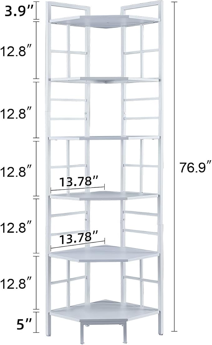 HOMISSUE Corner Shelf, 6 Tier Tall Narrow Bookshelf 76.9", Industrial Corner Bookcase with Storage for Home Office Living Room and Bedroom, White