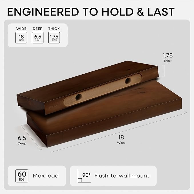 Walnut 18 inch Floating Shelf, High End Solid Real Wood 18inch Floating Shelves for Wall Mounted, Dark Brown 18 inches Long Floating Shelves, Heavy Duty Bracket, 18 X 6.5 X 1.75 in, Set of 2