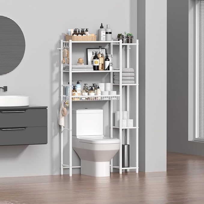 Hodonas Over The Toilet Storage Organizer - 7 Tiers Space Saving Bathroom Shelves, Adjustable Above Toilet Shelf Rack, Metal Organizer Shelf Over Toilet for Bathroom Storage and Organization, White