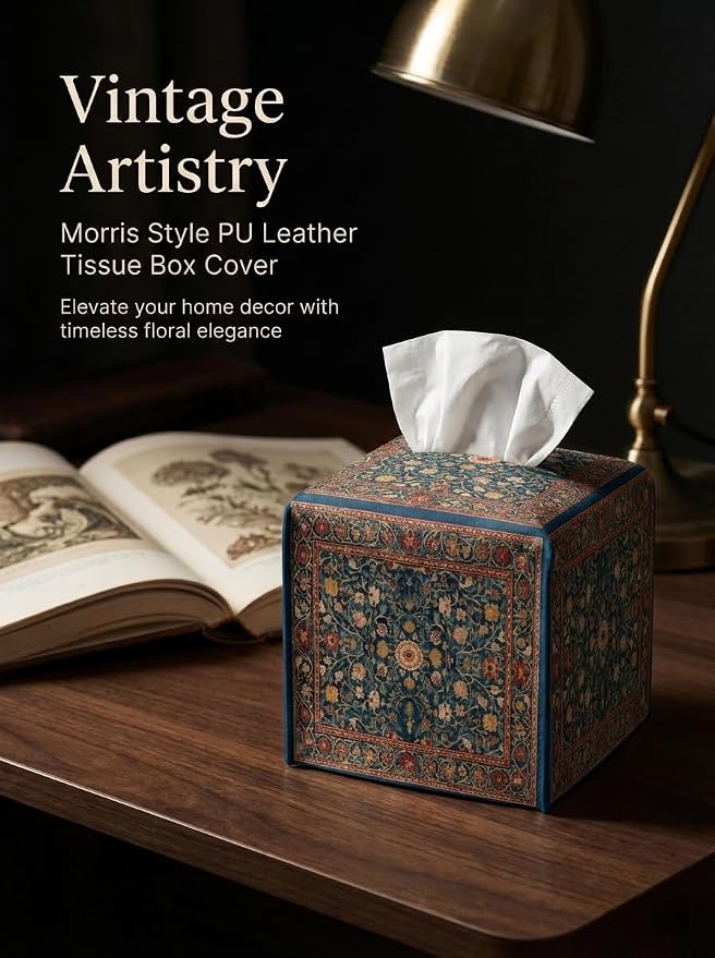 Tissue Box Cover Holder Square - Vintage Boho PU Leather Decorative Organizer, Ethnic Carpet Pattern Design Inspired, with Bottom Belt for Bathroom Car Office Tabletop Home, 5x5 Inch (Blue&Red)