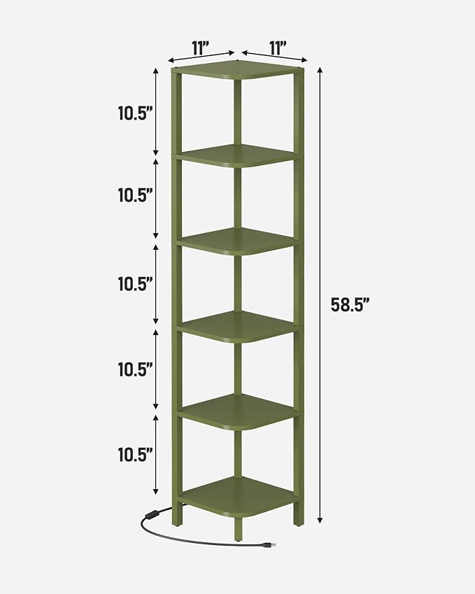 TUTOTAK Corner Shelf with LED Light, 6-Tier Corner Bookshelf | for Small Space, Narrow Display Corner Shelf Stand with Storage Rack, for Living Room, Bedroom, Olive Green BS08BOG006L