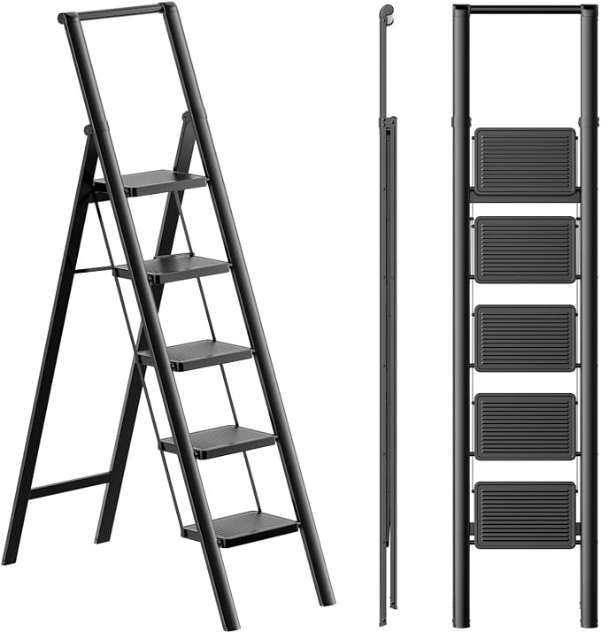 5 Step Ladder, Folding Step Stool, Lightweight Stepladder, Black | Reach 10ft;Anti-Slip 7.9'' Wide Pedal;Portable Handrail;Space-Saving;For Kitchen, Home, Library, Office Use;300lbs Capacity