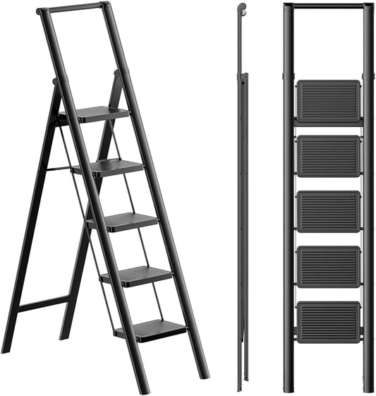 5 Step Ladder, Folding Step Stool, Lightweight Stepladder, Black | Reach 10ft;Anti-Slip 7.9'' Wide Pedal;Portable Handrail;Space-Saving;For Kitchen, Home, Library, Office Use;300lbs Capacity