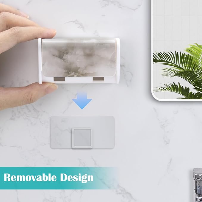 Toothbrush Holders Wall Mounted with Cover (1, White Marble) | Wall mounted, Detachable, Easy to clean, Breathable, 2 Slots Self Adhesive Toothbrush Organizer for Bathroom