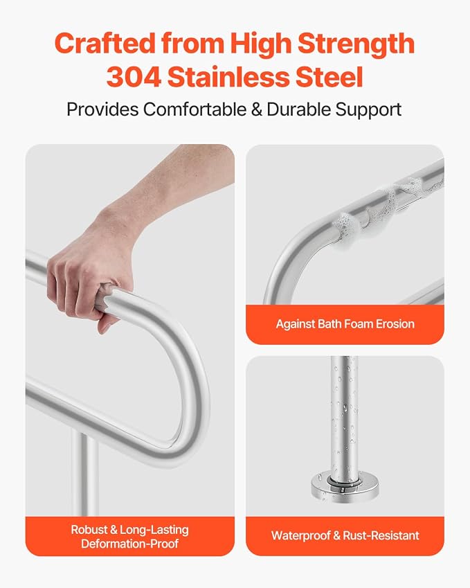 VEVOR Toilet Safety Rail, 31.5 Inch U-Shaped Handicap Grab Bar, 304 Stainless Steel Senior Safety Pole, Toilet Grab Bars with Anti-Slip Handle, 300 Lbs Load Capacity Security Handrail with Support Leg