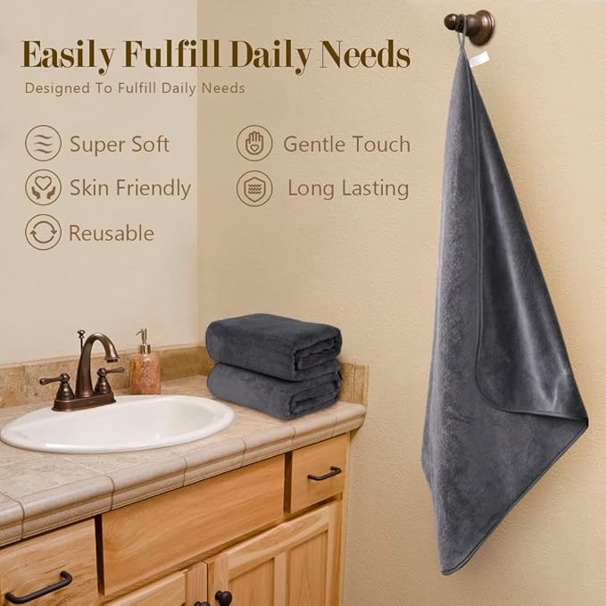 Orighty Bath Towels, Soft Feel Bath Towel, 4 Pack (27'' x 54'') | Highly Absorbent, Quick Drying Microfiber Towels for Body, Sport, Yoga, SPA, Fitness, Bathroom - Grey