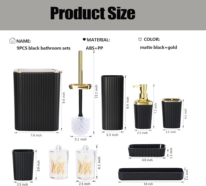 9 PCS Black Bathroom Accessories Set with Trash Can Bathroom Accessory | All-in-One Kit with Trash Can,Toothbrush Holder,Soap Dispenser,Toothbrush Cup,Vanity Tray,Soap Dish,Toilet Brush etc for Home