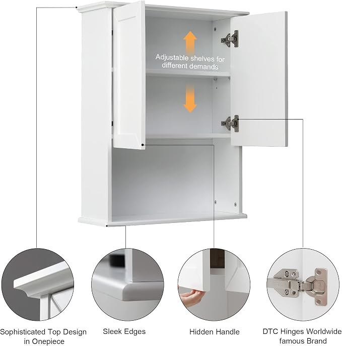 VANIRROR Bathroom Wall Medicine Cabinet with Soft-Close Buffering Hinges | Over Toilet Storage Cupboard Adjustable Shelves & Hidden Handles, 23"x29" White MDF Cabinet for Laundry Room, Kitchen