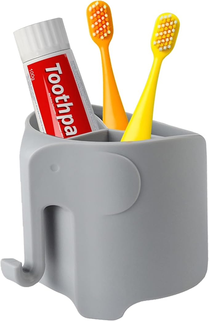 Elephant Toothbrush Holder for Toddler, Suction Cup Cute Toothbrush Holder for Kids, for Bathroom, with 3 Slots and 1 Hook, Grey