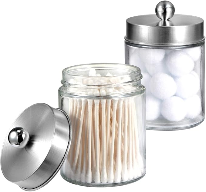 Amolliar Glass Apothecary Jar Qtip Holder Metal Lids 4pc/Brushed Nickel | Bathroom Decor Countertop Vanity Storage Organizer Set for q tip holder,Cotton Swabs/Rounds,Makeup Sponges,Cute Stickers