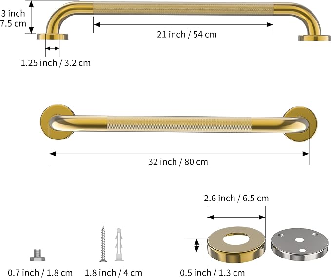 Brushed Gold Grab Bar 32 Inch, Safety Shower Handrail for Senior | Anti-Slip Knurled Grip, Stainless Steel Bathroom Assist Handle, Handicap Support Bars for Bathtub Toilet, 1.25" Diameter