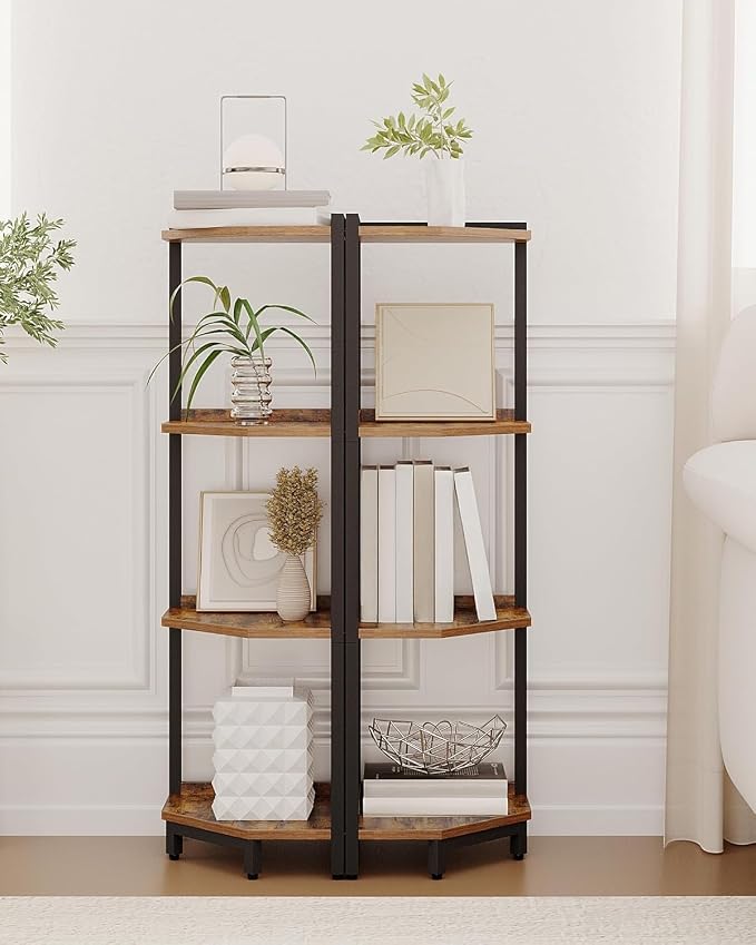 Hzuaneri Corner Shelf Stand 4-Tier Corner Bookshelf Storage Standing Shelf | Bookcase Plant Stand with Metal Frame for Living Room, Home Office, Bedroom, Black CS05801B