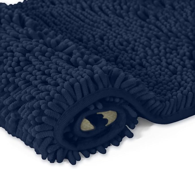 LuxUrux Bath Mat-Extra-Soft Plush Bath Shower Bathroom Rug,1'' Chenille Microfiber Material, Super Absorbent Shaggy Bath Rug. Machine Wash & Dry Navy