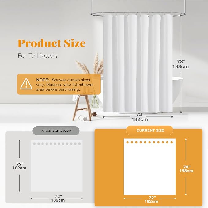 72x78 Linen Textured Waterproof Thick Fabric Shower Curtain Set, White | Long Size, 230GSM Polyester, Heavy Duty Cloth, Weighted Hem, 12 Plastic Hooks, Modern Luxury Hotel Style, Machine Washable