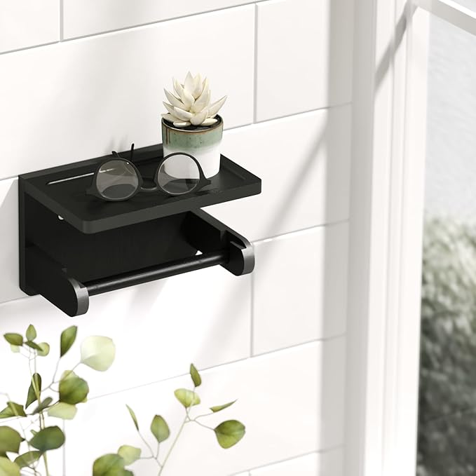 VERTORGAN 2 Pack Bamboo Toilet Paper Holder with Phone Shelf(Black) | Bathroom Tissue Holder,Wall Mounted Rack,Space-Saving Organizer,Phone Shelf Stand,Easy Installation,Toilet Paper Rack
