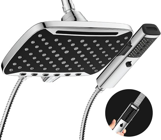 JDO High Pressure Rain Shower Head with Handheld Spray Silver | 7 Modes Dual Shower Head, 10-inch Rainfall Showerheads Combo, Detachable Hand Held Shower Wand, Power Jets, 71" Hose
