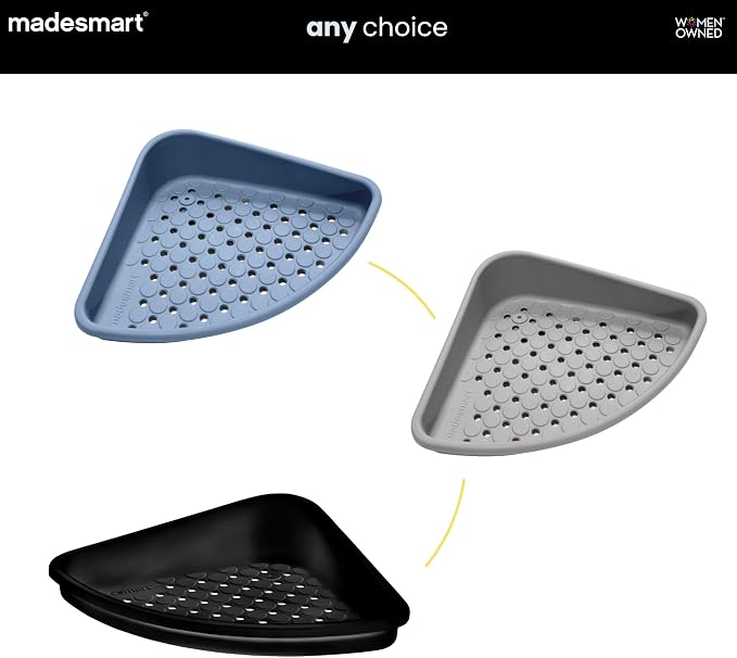 madesmart Bathtub Corner Shelf, Carbon | suction cup base, drainage holes, raised edges, shampoo soap razors, bath accessories, woman owned