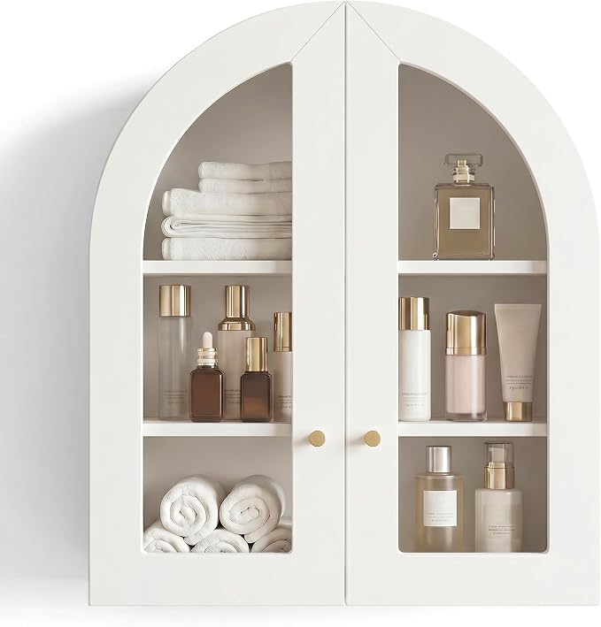 Arched Wall Cabinet, Bathroom Cabinet Wall Mount with Glass Doors & Adjustable Shelf, Floating Medicine Cabinet for Bathroom, Kitchen, Living Room Storage, White