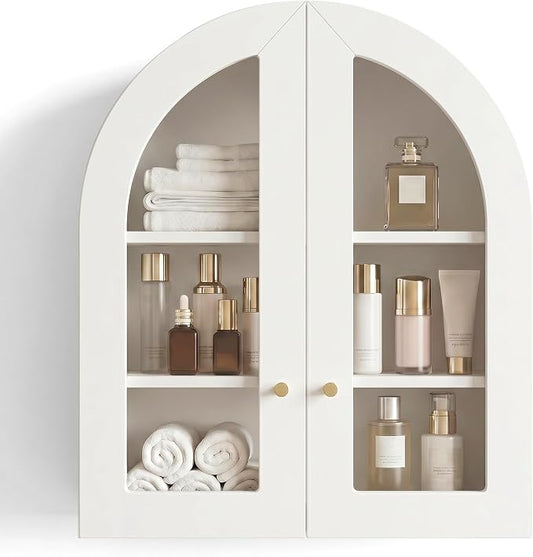 Arched Wall Cabinet, Bathroom Cabinet Wall Mount with Glass Doors & Adjustable Shelf, Floating Medicine Cabinet for Bathroom, Kitchen, Living Room Storage, White