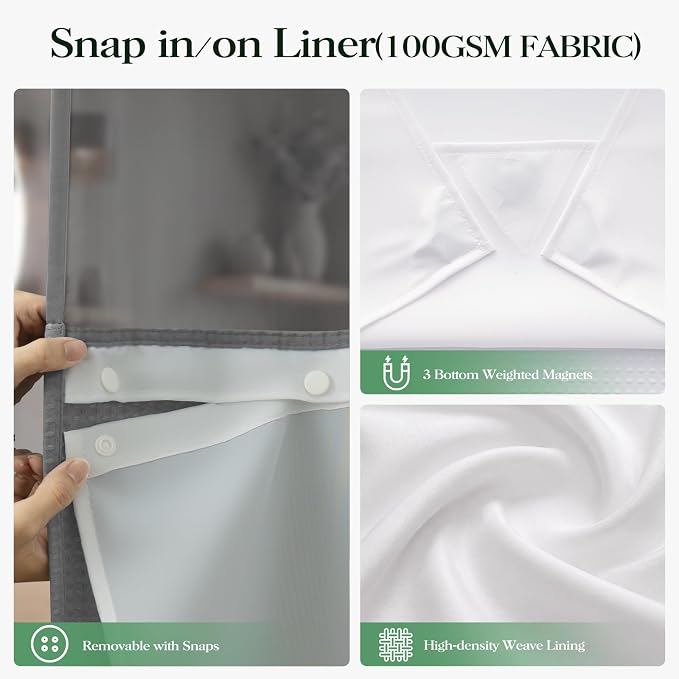 Grey Hook Free Waffle Shower Curtain & Snap-in Fabric Liner,36x75 | Less Time to install, 3 in 1 Fabric Shower Curtain and Liner Set with Magnets, Stall, Shower Curtains for Bathroom