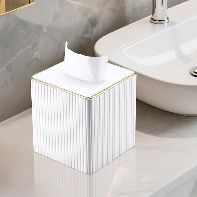 Tissue Box Cover, PU Leather Square Tissue Box Holder for Kleenexs with Magnetic Bottom Cover for Facial Tissues/Napkins, Office & Living Room Decor Box White
