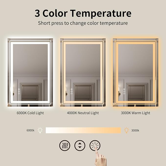 WTTY 40" x 30" LED Bathroom Mirror with Light | Anti-Fog, Dimmable, 3 Color Temperature, Memory Function, Tempered Glass, IP54 Waterproof, ETL Listed