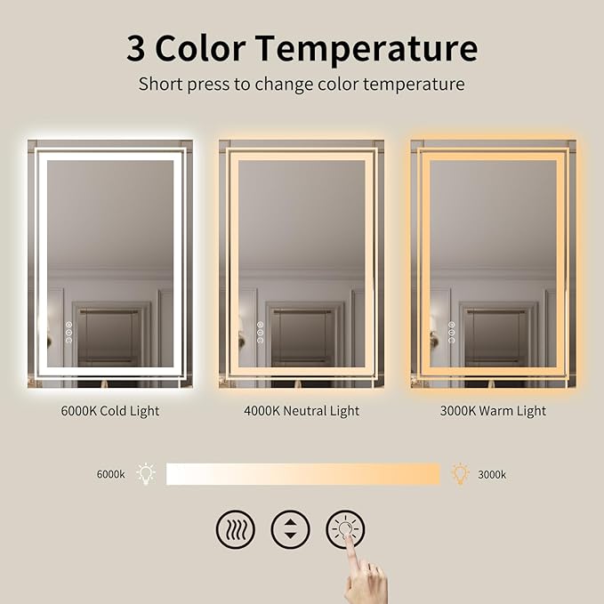 WTTY 24" x 32" LED Bathroom Mirror with Light | Anti-Fog, Dimmable, 3 Color Temperature, Memory Function, Tempered Glass, IP54 Waterproof, ETL Listed
