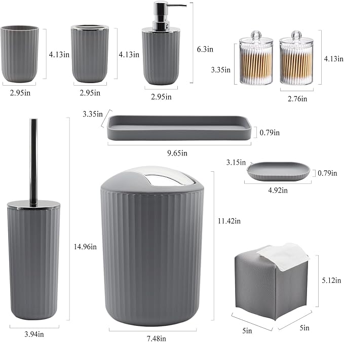 Bathroom Accessory Set, 10 Piece Grey Bathroom Set Complete | Includes Trash Can, Soap Dispenser, Toothbrush Holder, Soap Holder, Tumbler, Toilet Brush, Tray, Qtip Holders, Tissue Cover