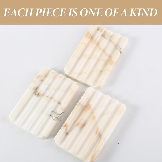 Natural Marble Soap Dish for Bathroom Shower, White Gold Marble Soap Tray for Bathroom, Stone Soap Tray for Sink, Stripe Grooves Soap Saver Keep Soap Bars Dry Easy Clean
