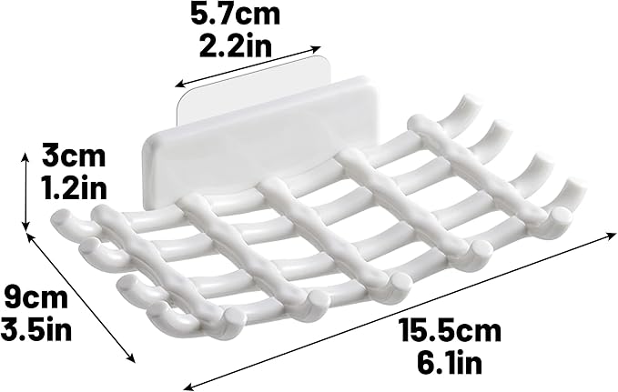 Shower Soap Holder for Wall, Adhesive Bar Soap Dish with Self Draining Grid, Side Hooks and No Drilling Mount, White, 2 Pack